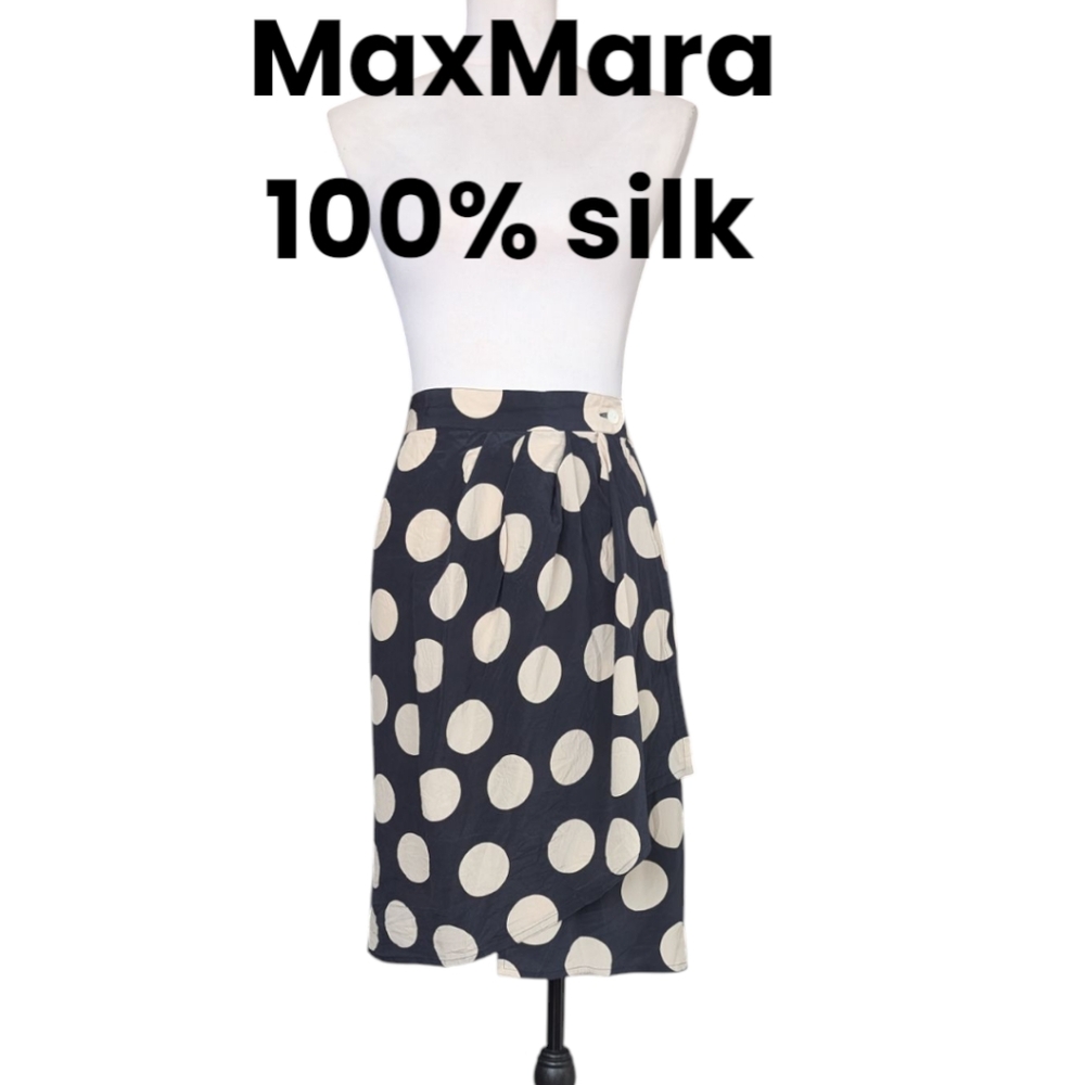 MaxMara Oversized Polka Dot 100% Silk Tulip Wrap Assymetrical Skirt Us10 FR42